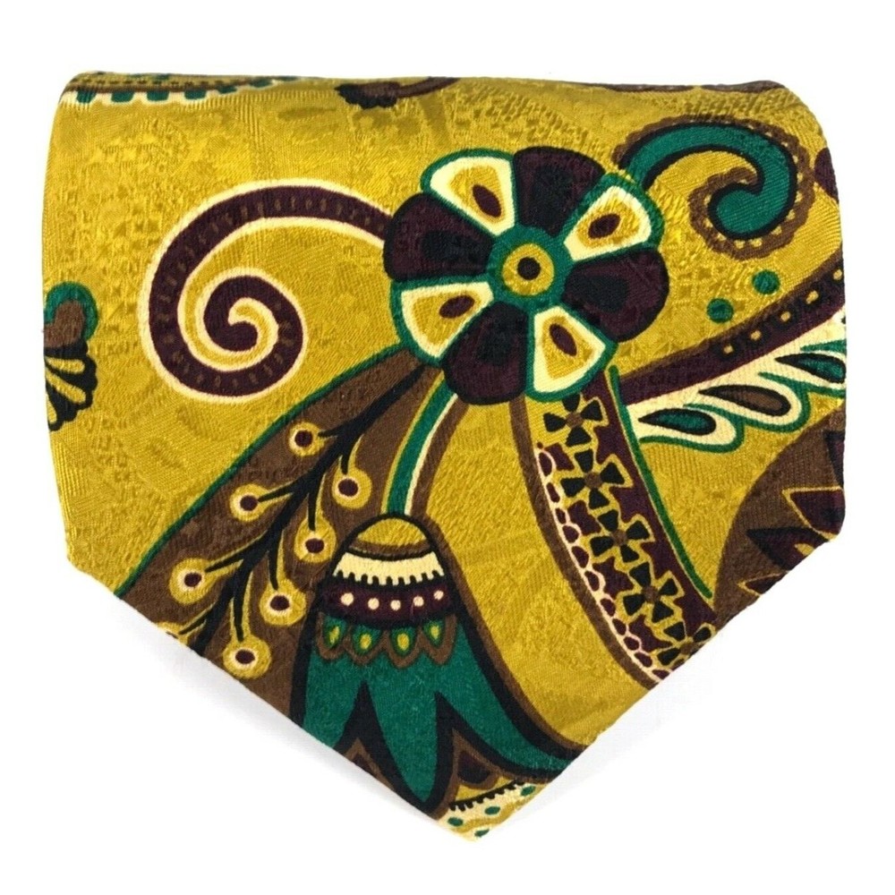 CANALI 100% Silk Boho Rustic Paisley Flowers Mustard Yellow Green Brown Tie 57"